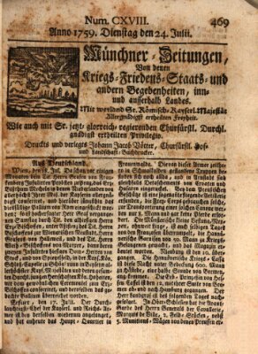 Münchner-Zeitungen, von denen Kriegs-, Friedens- und Staatsbegebenheiten, inn- und ausser Landes (Süddeutsche Presse) Dienstag 24. Juli 1759