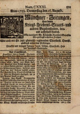 Münchner-Zeitungen, von denen Kriegs-, Friedens- und Staatsbegebenheiten, inn- und ausser Landes (Süddeutsche Presse) Donnerstag 16. August 1759