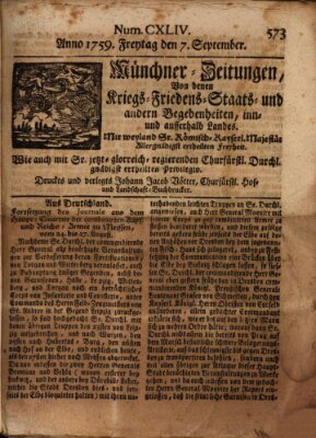 Münchner-Zeitungen, von denen Kriegs-, Friedens- und Staatsbegebenheiten, inn- und ausser Landes (Süddeutsche Presse) Freitag 7. September 1759