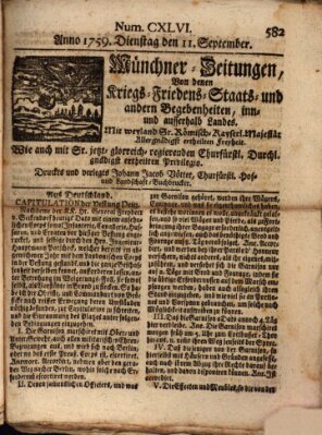 Münchner-Zeitungen, von denen Kriegs-, Friedens- und Staatsbegebenheiten, inn- und ausser Landes (Süddeutsche Presse) Dienstag 11. September 1759