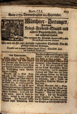 Münchner-Zeitungen, von denen Kriegs-, Friedens- und Staatsbegebenheiten, inn- und ausser Landes (Süddeutsche Presse) Donnerstag 20. September 1759