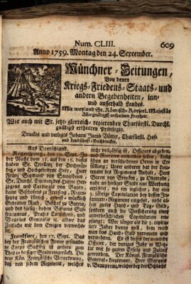 Münchner-Zeitungen, von denen Kriegs-, Friedens- und Staatsbegebenheiten, inn- und ausser Landes (Süddeutsche Presse) Montag 24. September 1759