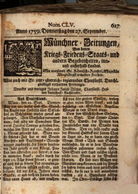 Münchner-Zeitungen, von denen Kriegs-, Friedens- und Staatsbegebenheiten, inn- und ausser Landes (Süddeutsche Presse) Donnerstag 27. September 1759