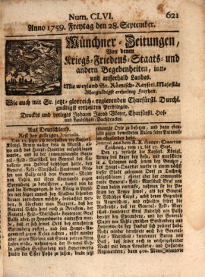 Münchner-Zeitungen, von denen Kriegs-, Friedens- und Staatsbegebenheiten, inn- und ausser Landes (Süddeutsche Presse) Freitag 28. September 1759