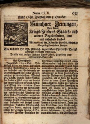 Münchner-Zeitungen, von denen Kriegs-, Friedens- und Staatsbegebenheiten, inn- und ausser Landes (Süddeutsche Presse) Freitag 5. Oktober 1759