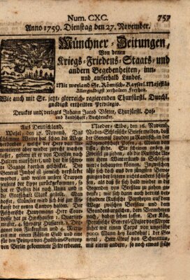 Münchner-Zeitungen, von denen Kriegs-, Friedens- und Staatsbegebenheiten, inn- und ausser Landes (Süddeutsche Presse) Dienstag 27. November 1759