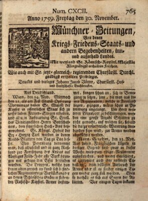 Münchner-Zeitungen, von denen Kriegs-, Friedens- und Staatsbegebenheiten, inn- und ausser Landes (Süddeutsche Presse) Freitag 30. November 1759