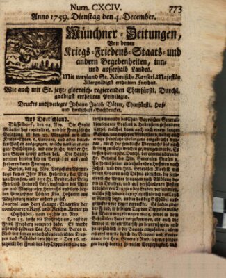 Münchner-Zeitungen, von denen Kriegs-, Friedens- und Staatsbegebenheiten, inn- und ausser Landes (Süddeutsche Presse) Dienstag 4. Dezember 1759