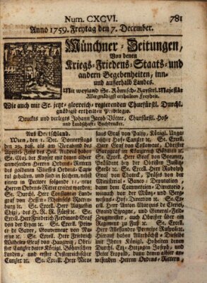 Münchner-Zeitungen, von denen Kriegs-, Friedens- und Staatsbegebenheiten, inn- und ausser Landes (Süddeutsche Presse) Freitag 7. Dezember 1759