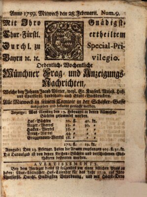 Münchner-Zeitungen, von denen Kriegs-, Friedens- und Staatsbegebenheiten, inn- und ausser Landes (Süddeutsche Presse) Mittwoch 28. Februar 1759