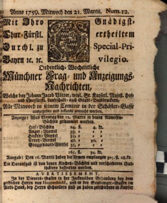 Münchner-Zeitungen, von denen Kriegs-, Friedens- und Staatsbegebenheiten, inn- und ausser Landes (Süddeutsche Presse) Mittwoch 21. März 1759