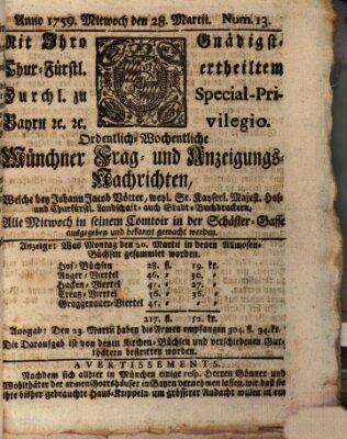 Münchner-Zeitungen, von denen Kriegs-, Friedens- und Staatsbegebenheiten, inn- und ausser Landes (Süddeutsche Presse) Mittwoch 28. März 1759