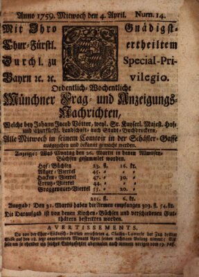 Münchner-Zeitungen, von denen Kriegs-, Friedens- und Staatsbegebenheiten, inn- und ausser Landes (Süddeutsche Presse) Mittwoch 4. April 1759