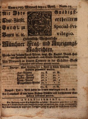 Münchner-Zeitungen, von denen Kriegs-, Friedens- und Staatsbegebenheiten, inn- und ausser Landes (Süddeutsche Presse) Mittwoch 11. April 1759