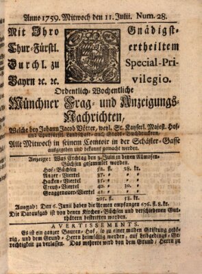 Münchner-Zeitungen, von denen Kriegs-, Friedens- und Staatsbegebenheiten, inn- und ausser Landes (Süddeutsche Presse) Mittwoch 11. Juli 1759