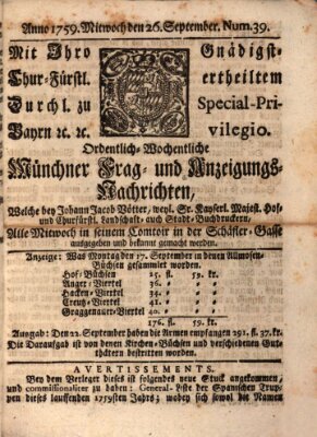 Münchner-Zeitungen, von denen Kriegs-, Friedens- und Staatsbegebenheiten, inn- und ausser Landes (Süddeutsche Presse) Mittwoch 26. September 1759