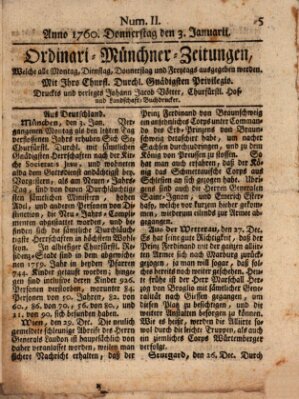 Ordinari-Münchner-Zeitungen (Süddeutsche Presse) Donnerstag 3. Januar 1760