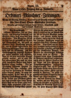 Ordinari-Münchner-Zeitungen (Süddeutsche Presse) Freitag 4. Januar 1760