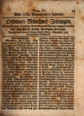 Ordinari-Münchner-Zeitungen (Süddeutsche Presse) Montag 7. Januar 1760