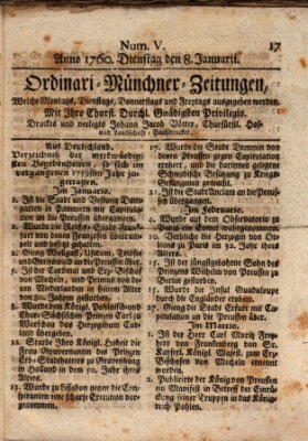 Ordinari-Münchner-Zeitungen (Süddeutsche Presse) Dienstag 8. Januar 1760