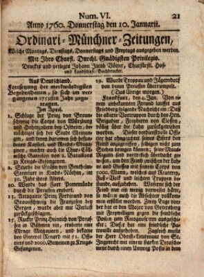 Ordinari-Münchner-Zeitungen (Süddeutsche Presse) Donnerstag 10. Januar 1760