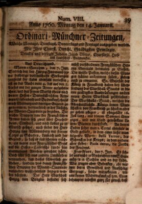 Ordinari-Münchner-Zeitungen (Süddeutsche Presse) Montag 14. Januar 1760