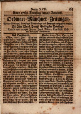 Ordinari-Münchner-Zeitungen (Süddeutsche Presse) Dienstag 29. Januar 1760