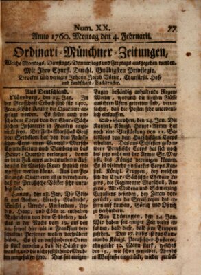 Ordinari-Münchner-Zeitungen (Süddeutsche Presse) Montag 4. Februar 1760