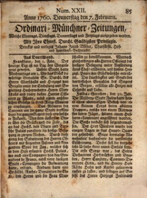 Ordinari-Münchner-Zeitungen (Süddeutsche Presse) Donnerstag 7. Februar 1760