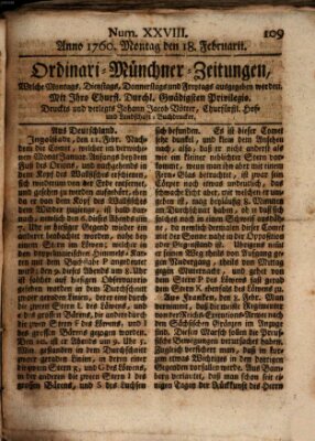 Ordinari-Münchner-Zeitungen (Süddeutsche Presse) Montag 18. Februar 1760