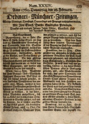 Ordinari-Münchner-Zeitungen (Süddeutsche Presse) Donnerstag 28. Februar 1760