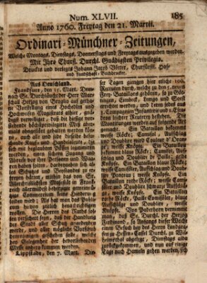 Ordinari-Münchner-Zeitungen (Süddeutsche Presse) Freitag 21. März 1760