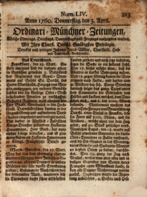 Ordinari-Münchner-Zeitungen (Süddeutsche Presse) Donnerstag 3. April 1760