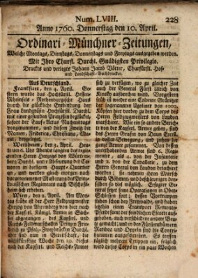 Ordinari-Münchner-Zeitungen (Süddeutsche Presse) Donnerstag 10. April 1760