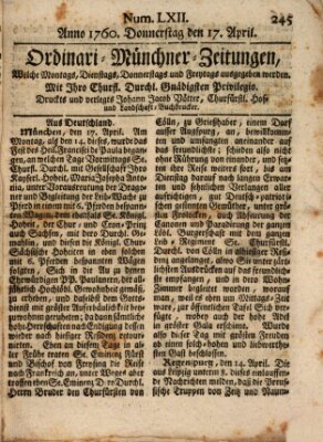 Ordinari-Münchner-Zeitungen (Süddeutsche Presse) Donnerstag 17. April 1760