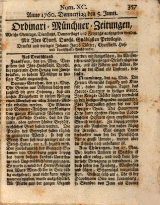 Ordinari-Münchner-Zeitungen (Süddeutsche Presse) Donnerstag 5. Juni 1760