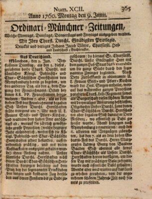 Ordinari-Münchner-Zeitungen (Süddeutsche Presse) Montag 9. Juni 1760