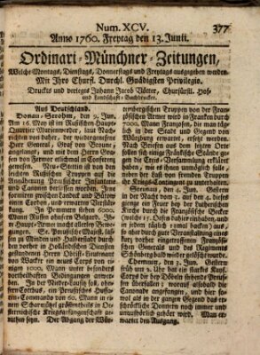 Ordinari-Münchner-Zeitungen (Süddeutsche Presse) Freitag 13. Juni 1760