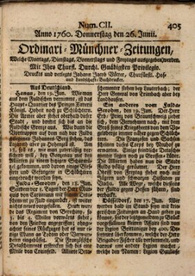 Ordinari-Münchner-Zeitungen (Süddeutsche Presse) Donnerstag 26. Juni 1760