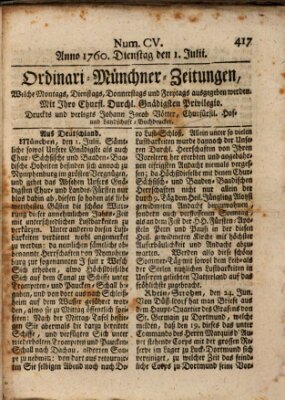 Ordinari-Münchner-Zeitungen (Süddeutsche Presse) Dienstag 1. Juli 1760