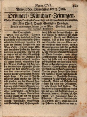 Ordinari-Münchner-Zeitungen (Süddeutsche Presse) Donnerstag 3. Juli 1760