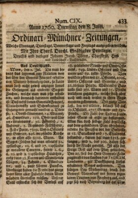 Ordinari-Münchner-Zeitungen (Süddeutsche Presse) Dienstag 8. Juli 1760