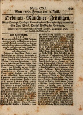 Ordinari-Münchner-Zeitungen (Süddeutsche Presse) Freitag 11. Juli 1760