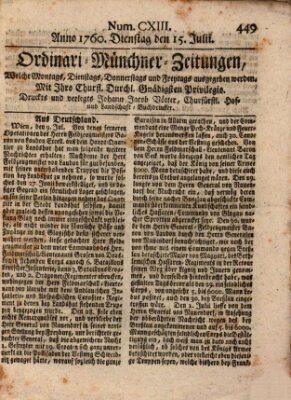 Ordinari-Münchner-Zeitungen (Süddeutsche Presse) Dienstag 15. Juli 1760