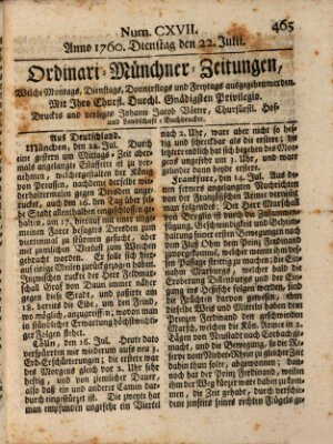 Ordinari-Münchner-Zeitungen (Süddeutsche Presse) Dienstag 22. Juli 1760