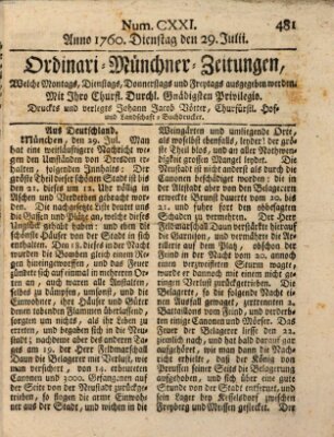 Ordinari-Münchner-Zeitungen (Süddeutsche Presse) Dienstag 29. Juli 1760