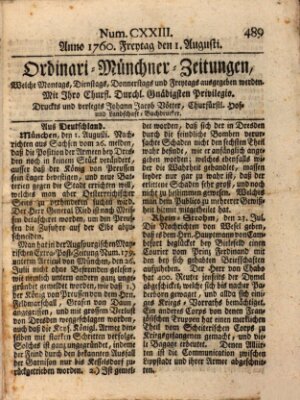 Ordinari-Münchner-Zeitungen (Süddeutsche Presse) Freitag 1. August 1760