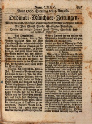 Ordinari-Münchner-Zeitungen (Süddeutsche Presse) Dienstag 5. August 1760