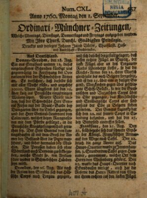 Ordinari-Münchner-Zeitungen (Süddeutsche Presse) Montag 1. September 1760