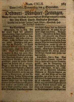 Ordinari-Münchner-Zeitungen (Süddeutsche Presse) Donnerstag 4. September 1760